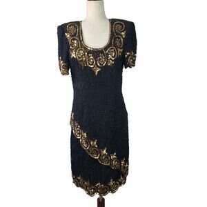 Stenay Black Gold Sequins Beaded Silk Vintage Bling Cocktail Party Dress 12